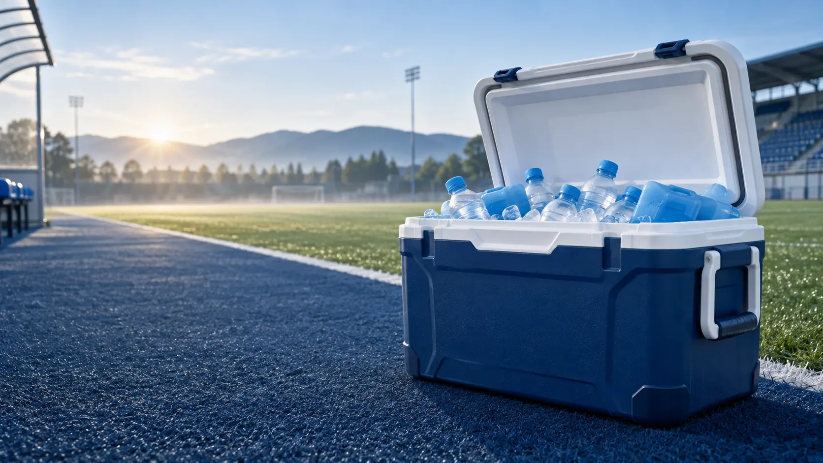 Stevige koelbox met gekoelde flessen en koelelementen bij een sportveld